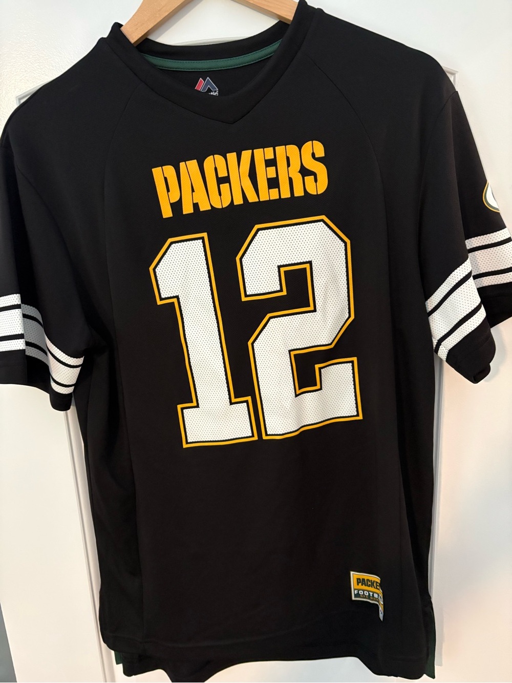 Majestic Black Packers #12 Football Jersey with White & Gold Accents